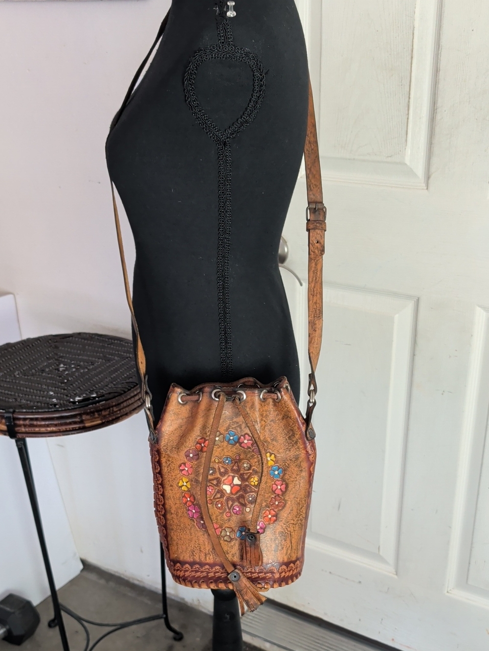 Unbranded Bucket Floral Leather Crossbody Shoulder Bag